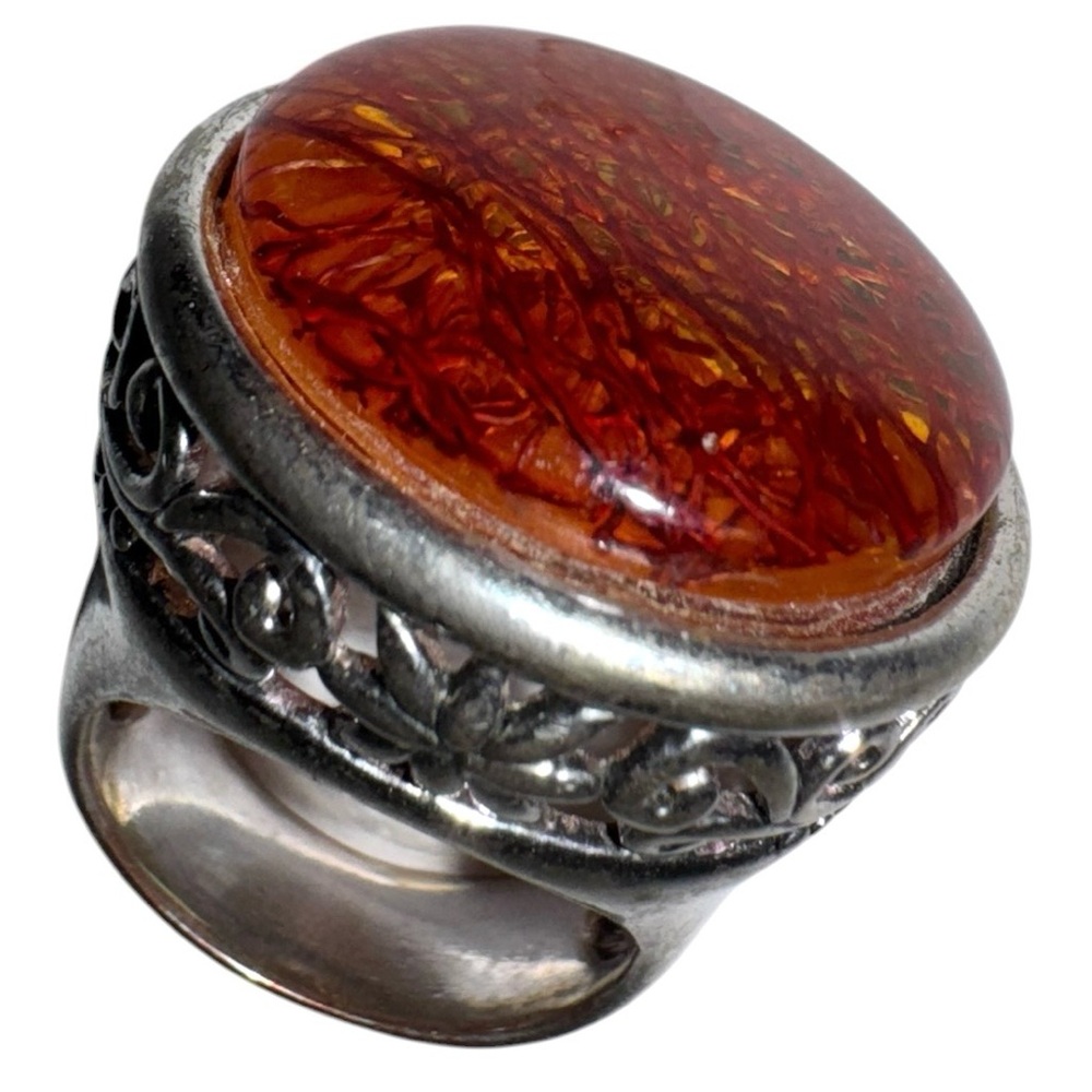 Large Red Rutilated Quartz Ring with Silver Tone Floral Setting - Picture 6 of 7